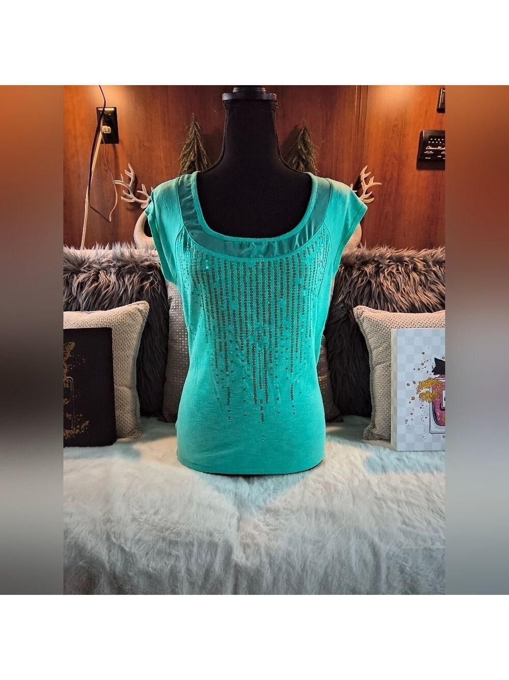Self Esteem Aqua Embellished Short Sleeve Top